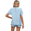 Yfashion Women Short Sleeves T-shirt Elegant Double-layer Jacquard Crew Neck Blouse Simple Solid Color Chiffon Tops. 
