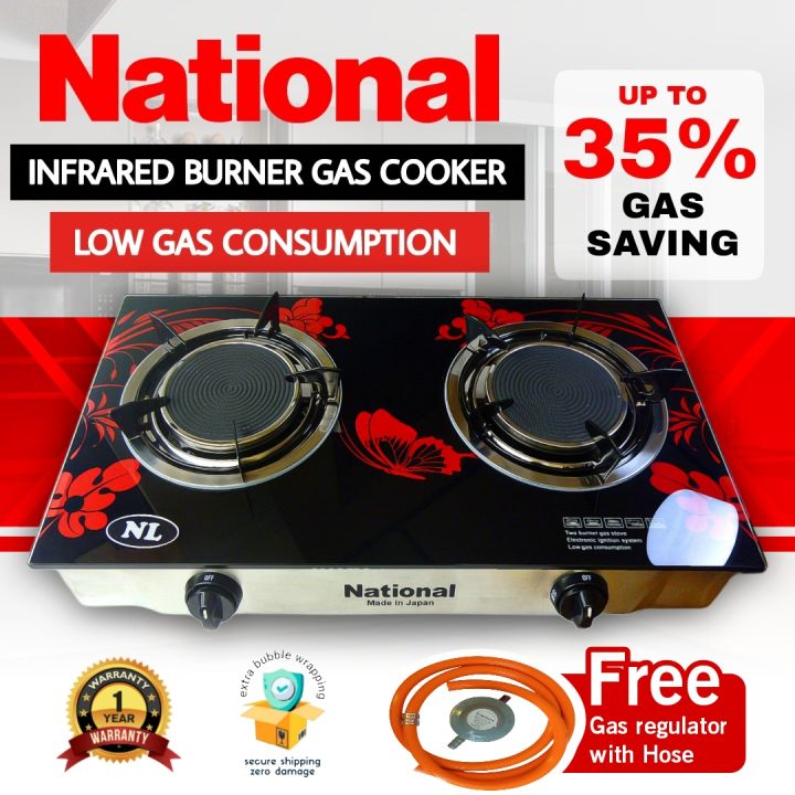 National Low gas, 2 burner portable infrared gas stove with Ceramic  Glass free Gas regulator with hose