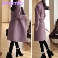 Autumn Women Coat Stylish Fall Winter Women's Overcoat Trendy Solid Color Turn-down Collar Long Sleeve Cardigan with Belted Button Closure Mid Length Loose Lady Coat Perfect for Southeast Asian. 