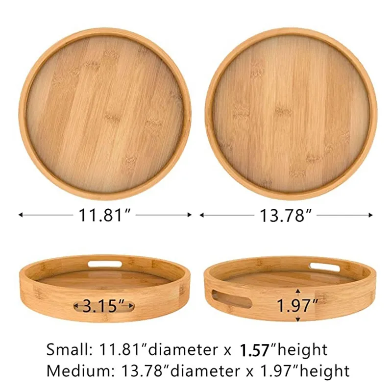 Round Serving Tray with Handles Wooden Bamboo Circle Tray for