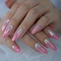 High Shine Ombre Nails French Medium Length Artificial Nails Acrylic Chrome Press On Finger Natural Nail Art. 