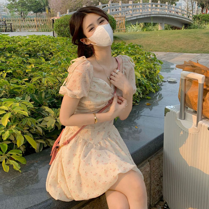 Women's Floral Dress Summer New French Style Gentle First Love Milk Sweet Chic Puff Sleeve Square Collar Short Skirt