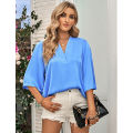 Yfashion Women Fashion Blouses Solid Color V Neck Half Sleeve Shirt Summer Stylish Loose Casual T-shirt Bottoming Top. 
