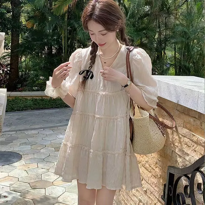 Puff Sleeve Dress Women's Texture2023Summer New Korean Style Sweet