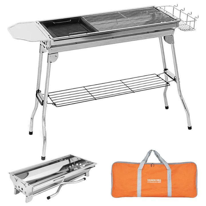 Outdoor Camping Grill Set Stainless Steel Portable Foldable Charcoal Grill - silver