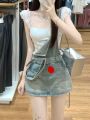 High Street Hot Girl Slimming Youthful-Looking Denim Suspender Skirt Women's Summer New a Character Personality Design Draping Hip Skirt. 