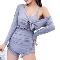 bellylady 2pcs Women Cotton Sexy Swimsuit Trendy Solid Color High Waist Slim Fit One-piece Swimwear For Hot Spring. 