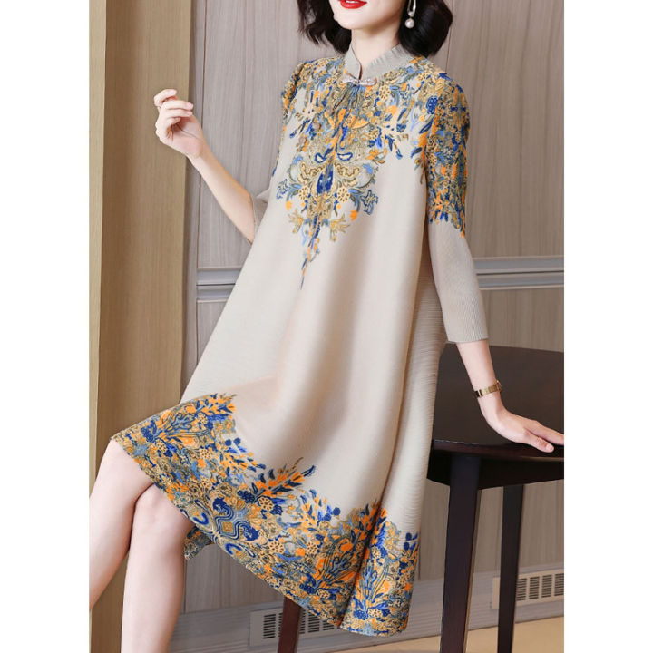 bellylady%20Women%20Cotton%20Improved%20Cheongsam%20Dress%20Vintage%20Printing%20Buckle%20Midi%20Skirt%20Loose%20Plus%20Size%20Chinese%20Style%20Stand%20Collar%20Dress%20-%20Image%202