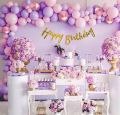 Pastel Theme Happy Birthday decoration items for girls, women, kids with pink, purple and rose gold balloons and happy birthday cursive banner- Pack of 58 Items. 