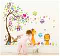 Colorful Flower And Green Leaves Tree Wall Sticker Cartoon Animals Wallpaper Home Decor For Kid's living Room Bedroom Wall Decal. 