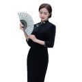 bellylady Women Cotton Velvet Cheongsam Dress Elegant Slim Fit Stand Collar Fashion Retro Solid Color Large Size Cheongsam. 