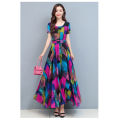 bellylady Women Cotton Casual Dress Floral Pattern Round Neck ing Short-sleeve A-line Long Dress. 