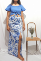 GORGIANA Women's Casual 2 Pc Dress Blue Top And Bottom Blouse & Skirt. 