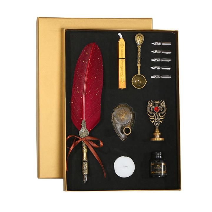 Vintage Feather Pen and Ink Set Glittering Quill Pen Fountain Pen Calligraphy Dip Pen Writing Signature Pen With Replacement Nibs Pen Holder Luxury Birthday Gift for Children Student Friends