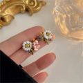 Bridal Daisy Flower Korean INS Women Stud Earring Drip Glaze Wedding French Party Asymmetry Stud Earrings Girls Elegant Ladies. 