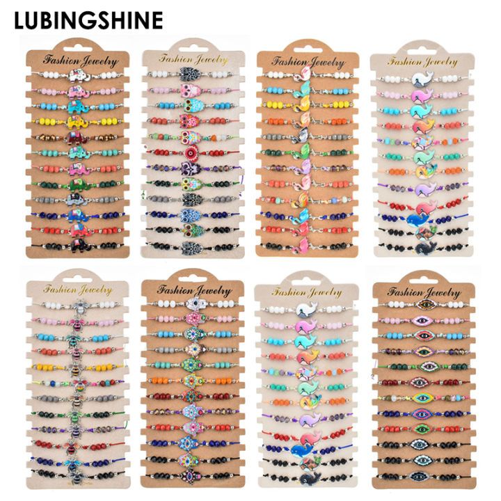 NEW 12pcs/set Bohemian Colorful Elephant Animal Charms Braided Bracelets Women Crystal Bead Rope Chain Yoga Bracelet Anklet Jewelry