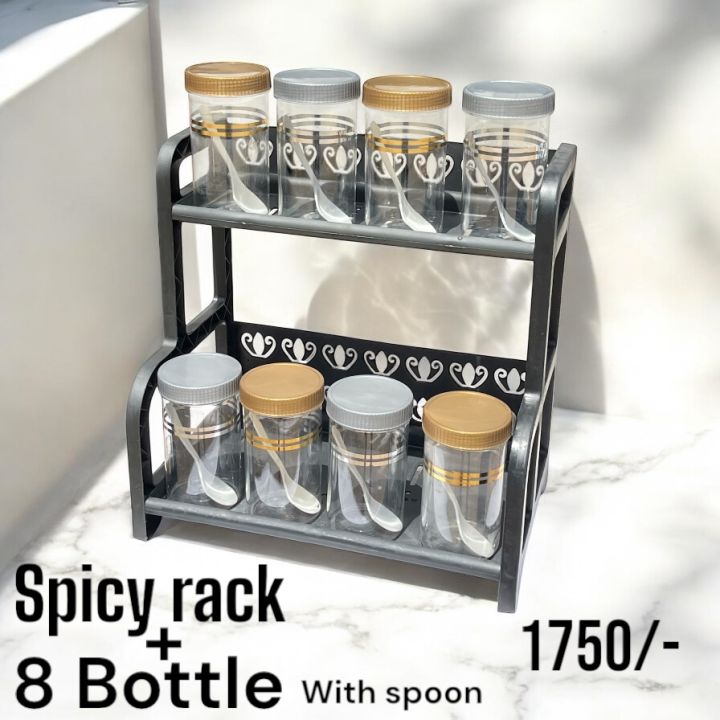 Countertop Jar Rack 2-Layer Spice Rack Set with 8 Jars & Spoons Kitchen Countertop ...