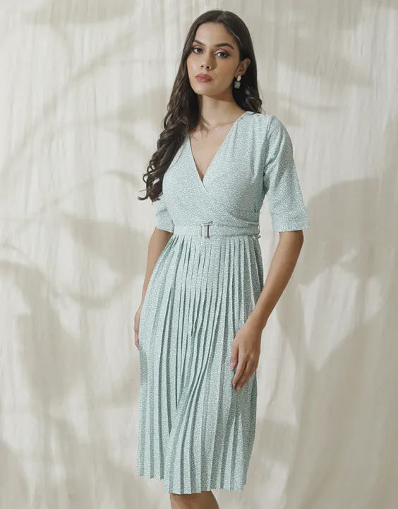 Spring & Summer Crossover Pleated Dress with Belt
