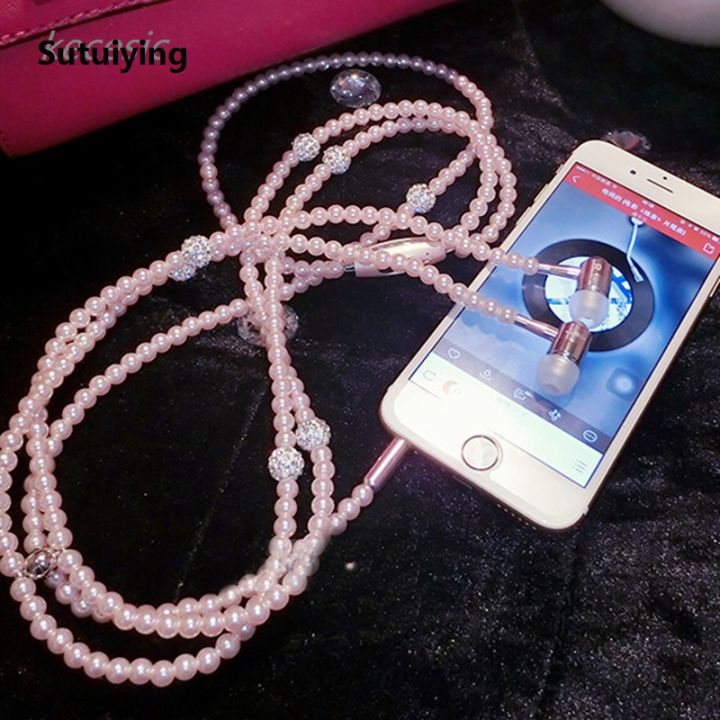 Sutuiying New Arrival Fashion Earphones Luxurious Bling Pearl Necklace for Girls With Mic Kecesic For Iphone 6 6s Samsung Phone