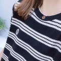 2024 Niche Contrast Color Striped Short Sleeve Versatile Knitted Top Women's New Summer round Neck Loose Slimming Sweater. 