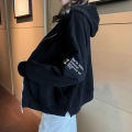 Yfashion Women Cotton Letter Embroidered Hooded Sweatshirt Loose Long Sleeve Zipper Cardigan Jacket color. 