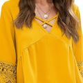 Ladies Yellow Lace Blouse Women's Floral Print Long Sleeve Button up Shirt. 