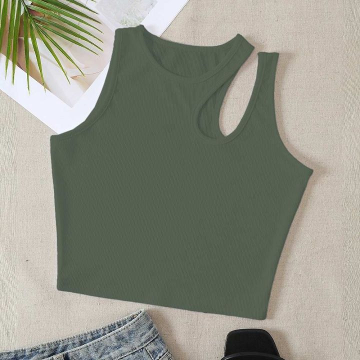 Trending%20Style%20Cut%20Out%20Crop%20Top%20High%20Quality%20Cotton%20Rib%20Fabric%20,%20Round%20Neck,%20Sleeveless%20Casual%20Party%20Wear%20Tight%20Tank/%20T-Shirt%20In%20White,%20Ash%20And%20Green%20Colors%20For%20Women/%20Ladies%20/%20Girls%20In%20S,%20M,%20L,%20Xl%20Free%20Sizes%20-%20Image%204