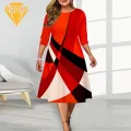 Women Dress Stylish Geometric Print Party Midi Dress Plus Size Loose-fitting Round Neck Women's Fashion A-line Dress. 