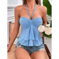 KOKKO Women's Sleeveless Crop Top Halter Neck Tie Back Ruched Bustier Double Layered Hem Tank Top Streetwear. 