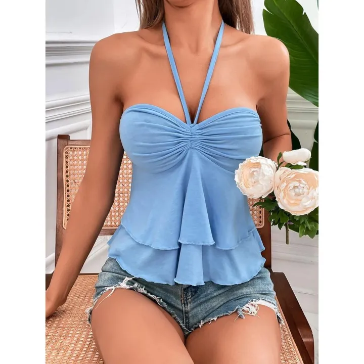 KOKKO%20Women's%20Sleeveless%20Crop%20Top%20Halter%20Neck%20Tie%20Back%20Ruched%20Bustier%20Double%20Layered%20Hem%20Tank%20Top%20Streetwear%20-%20Image%206