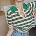 POLO Collar Striped Sweater for Women Spring and Summer 2024 New Design Sense Slim Fit Slimming and Short Hot Girl Short Sleeve Top. 
