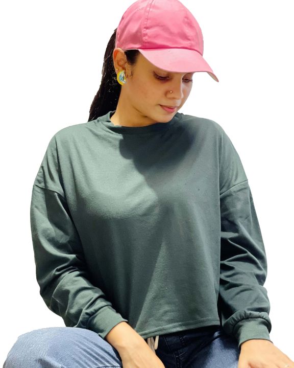 Drop Shoulder Oversized Long Sleeve Army Green Color Short T Shirt