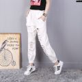 Waist Ripped ′ White Loose Pants ﹉ Kuanxue Korean Fashion Denim Ninth Points … Pants ︹ Women's Drawstring Pants Spring and Autumn Tight {. 