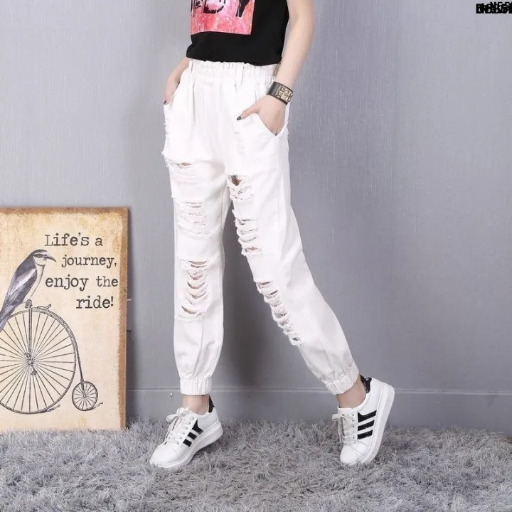 Waist%20Ripped%20%E2%80%B2%20White%20Loose%20Pants%20%EF%B9%89%20Kuanxue%20Korean%20Fashion%20Denim%20Ninth%20Points%20%E2%80%A6%20Pants%20%EF%B8%B9%20Women's%20Drawstring%20Pants%20Spring%20and%20Autumn%20Tight%20%7B%20-%20Image%206