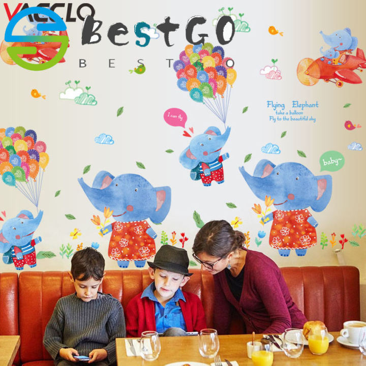 【BestGO】Vacclo Cartoon Baby Elephant Wall Stickers for Kids Room Creative Watercolor Graffiti for Kindergarten Children's Room Stickers