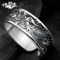 S999 Pure Silver Handmade Men's Retro Wide Face Personality Fashion Silver Bracelet   Glossy Concave Carved Sterling Silver Bracelet. 