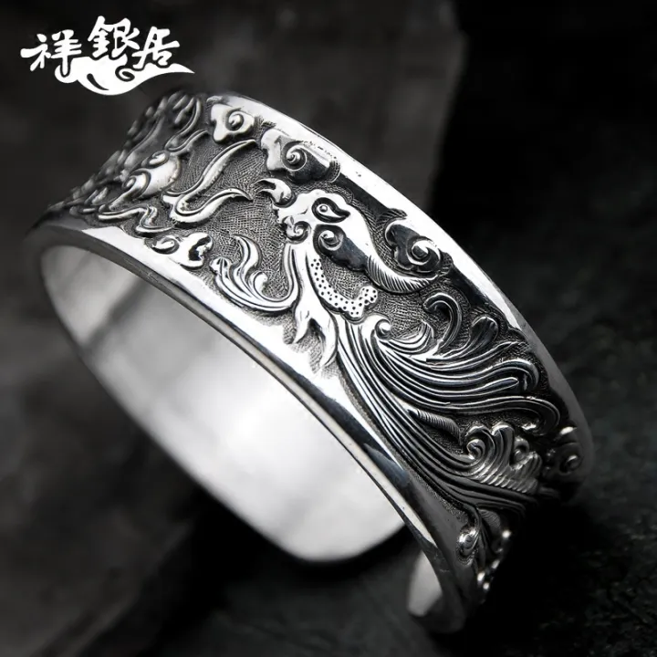 S999%20Pure%20Silver%20Handmade%20Men's%20Retro%20Wide%20Face%20Personality%20Fashion%20Silver%20Bracelet%20%20%20Glossy%20Concave%20Carved%20Sterling%20Silver%20Bracelet%20-%20Image%206