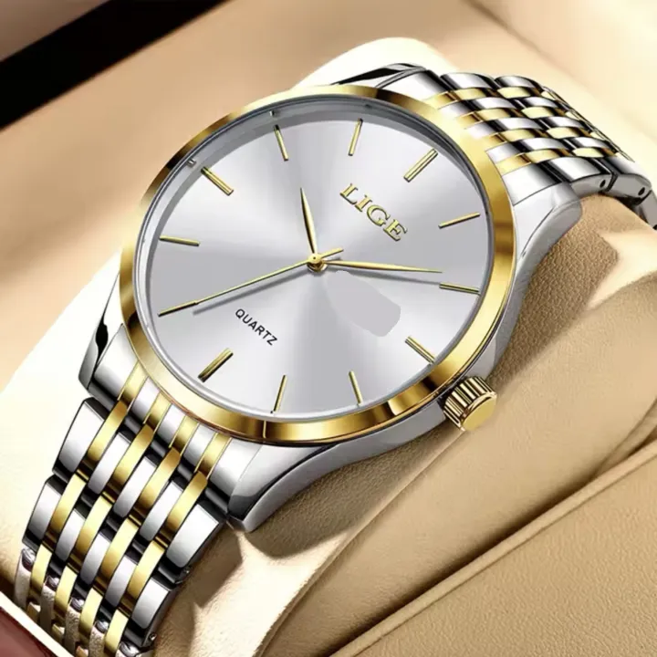 Premium Gentleman Office Style Gold Silver Two Tone Stainless Steel Luxury Men Watch Quartz Analog Business Chain Casual Wrist Dial Watches For Boys Gents - White High-Five LK