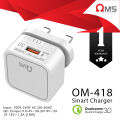 OMS OM - 418 QC 2.0 / QC 3.0 Fast Charger 18W Wall adapter with Micro USB / Type C / Lightning Charging Cable Fast Charging. 
