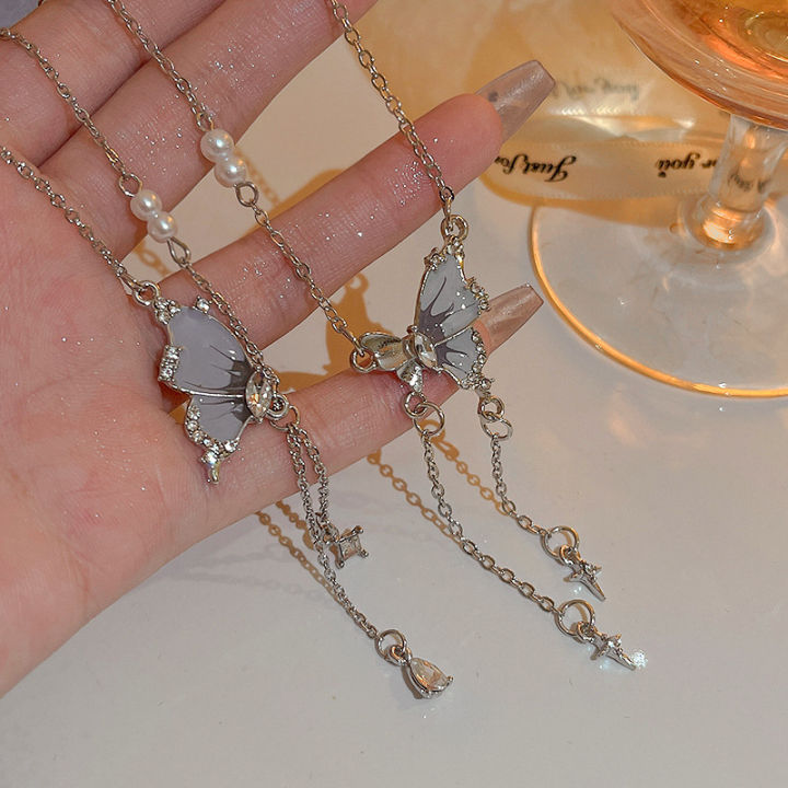 【Super Sale】Butterfly Flow Su Mang Star 2024 New Women's Sweet Cool Style Zircon Pearl Niche Design Sense Clavicle Chain