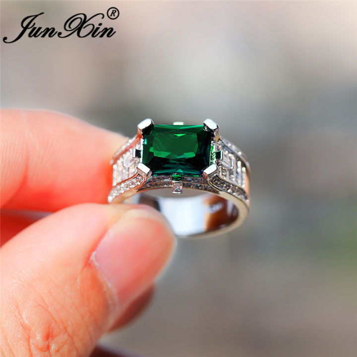 【Fullyoung_520 Store】Luxury Crystal Green Blue Stone Rectangle Rings For Men Women Silver Color Vintage Zircon Wedding Bands Male Female Jewelry