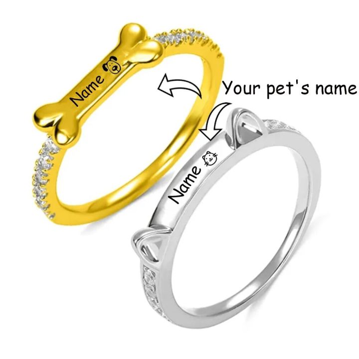 925 Silver Personalized Pet Name Rings for Women Mens Ring Cat Ear Dog Bone Shaped with Crystal Ring Custom Name Jewelry Gifts