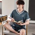 Silk high-end new silk men's pajamas thin ice summer men's shorts summer short-sleeved home clothes pullover suit. 