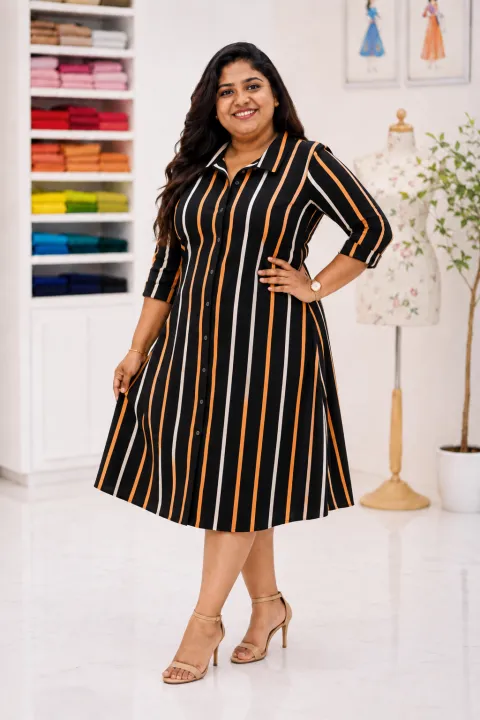 Plus%20Size%20Striped%20Shirt%20Frock%20for%20Women%20-%20Long%20Sleeve%20Shirt%20Collar%20Button%20Down%20Casual%20Midi%20Dress%20-%20Image%204