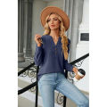 Yfashion Women Long Sleeves Tops Solid Color Design Button Shirt Blouse V-Neck Pullover Loose Jacquards T-Shirts Top. 
