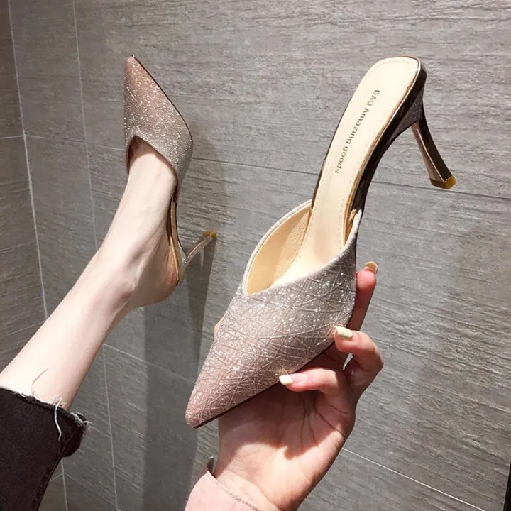 High Heel Shoes for WomenIn The Summer of , The New Versatile Net Red Half Slipper Baotou Sandal High-heeled Slipper Women Wear Fashionable Thin Heel Pointed Toekasut Tumit Tinggi Wanita 814