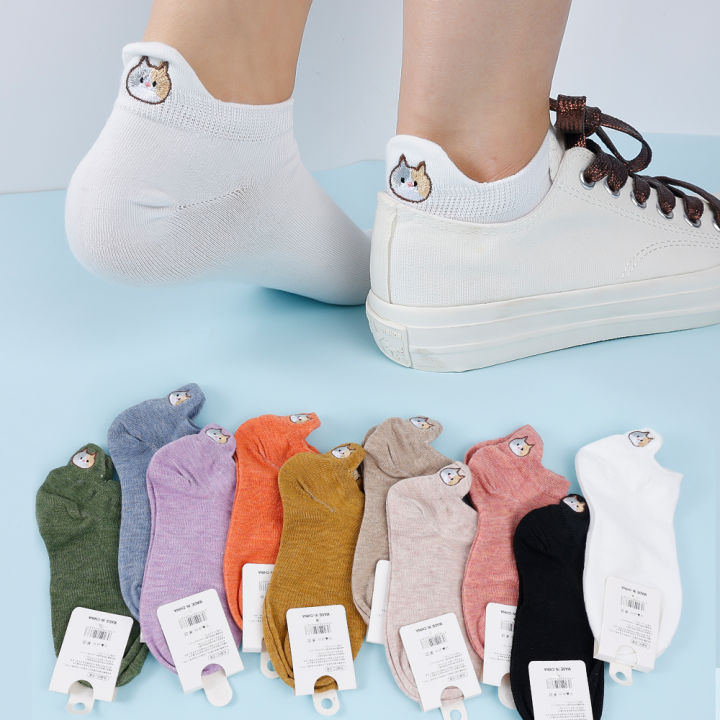 Woman Cotton Ankle Socks Cartoon Cat Embroidery Socks Cute  Funny Casual Short Socks for Girls