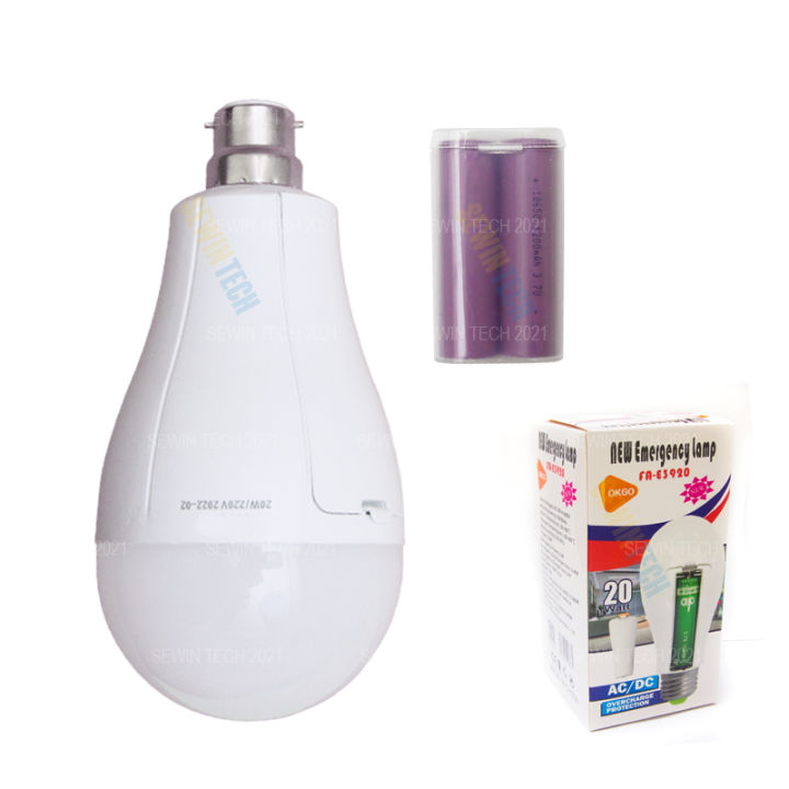 20W LED Light Type with 3W Rechargeable Emergency B22 Pin Light Bulb Lamp Free 18650mAh Batteries