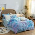 3 In 1 Fur Bed Sheet Set / Faux Fur Shaggy Comfortable Blanket (Without Padding) Home Decor Luxury Bedding Set Throw Rug Blue Rainbow Color. 