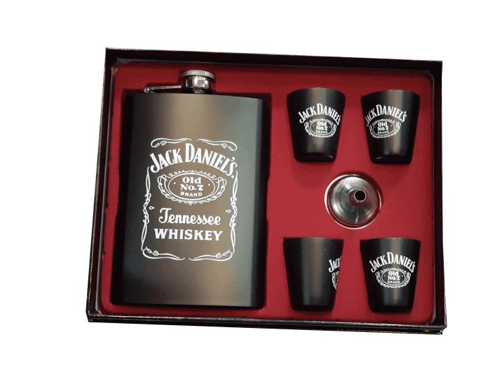 Portable Stainless Steel Jack Daniels Hip Flask with Funnel and four Cups 9OZ